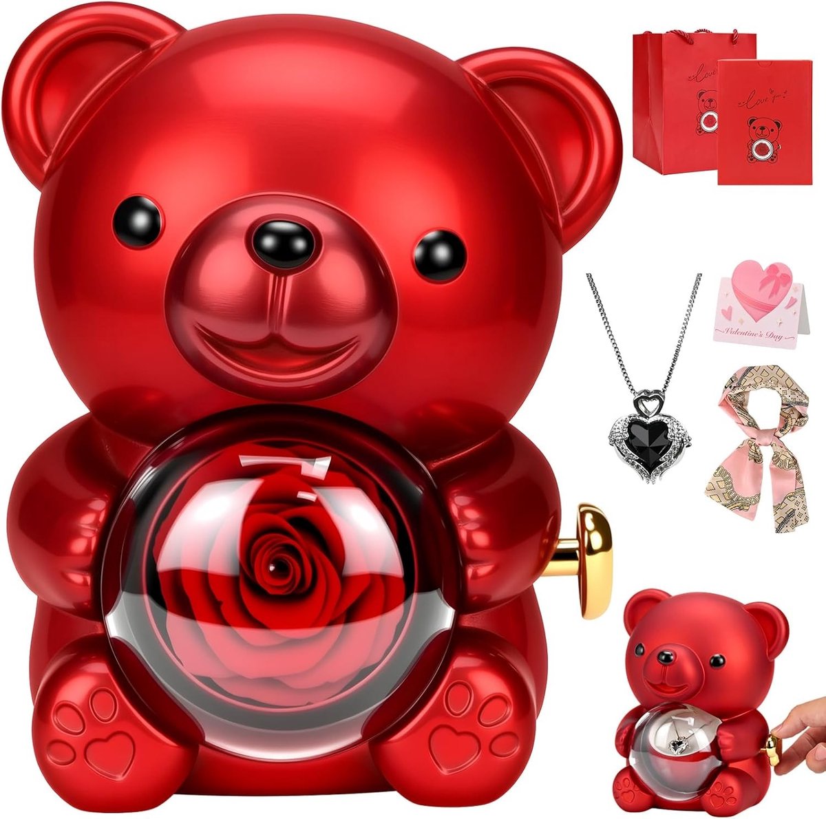 Eternal Rose Bear in Luxe Rozenbox met Ketting, Perfect Cadeau voor Vrouwen, Moederdag, Verjaardag en Valentijnsdag