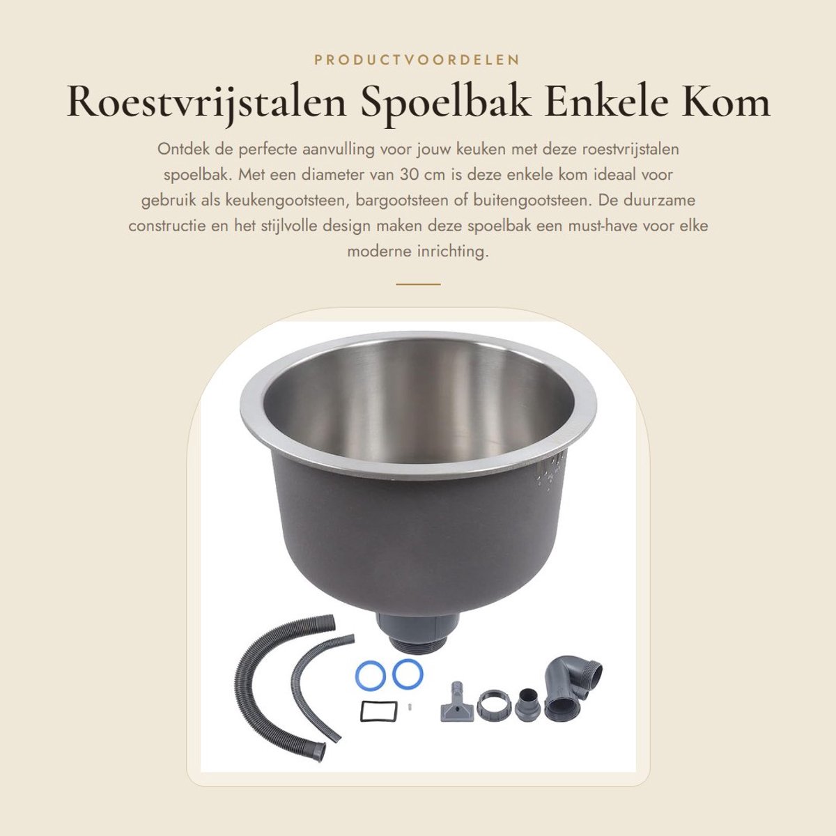 Dailygoods- Spoelbak Roestvrijstaal - Enkele Kom Onderbouw - 30cm Diameter - Gootsteen Organizer - Duurzaam Hydrofoob Oppervlak - Uitstekende Afvoer