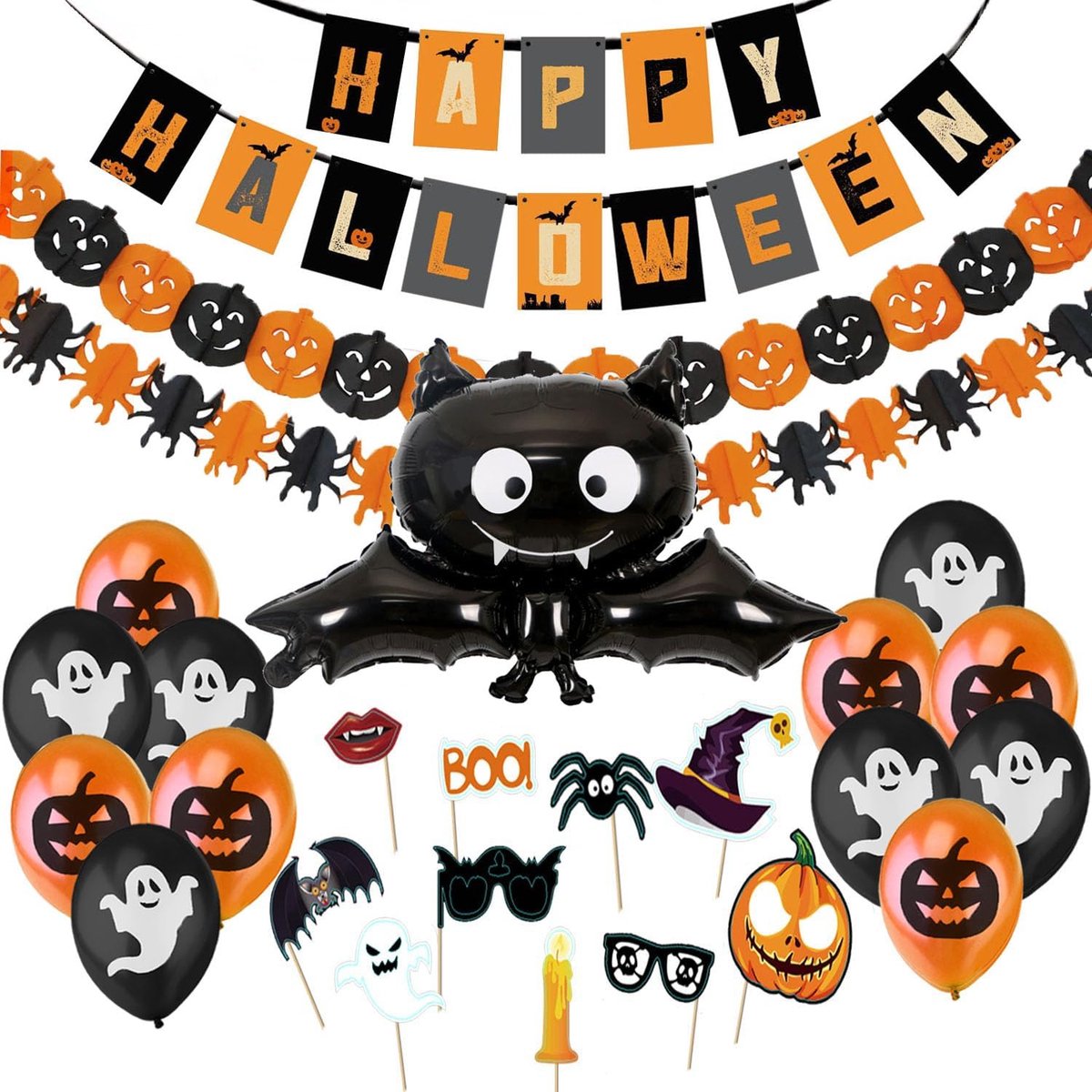 Halloween decoratie Set - Happy Halloween Decoratie Garland - Grote Vleermuis Pompoenen en Spinnen Wimpelsluiting - Griezelig Fotorekwisieten Ballonnen voor Halloweenfeest Kinderen