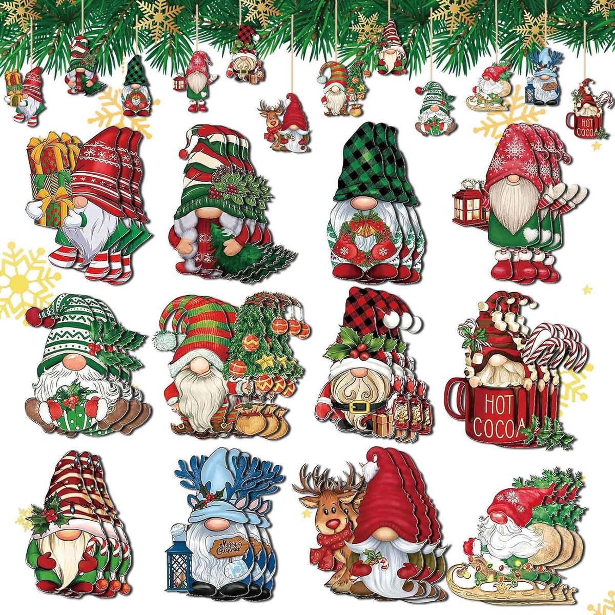 Thijox - 36 Stuks Houten Kerstboomhangers - Schattige Rode Dwarfs - Kerstboomdecoratie met Koord - Feestelijke Versiering voor Kerstfeest