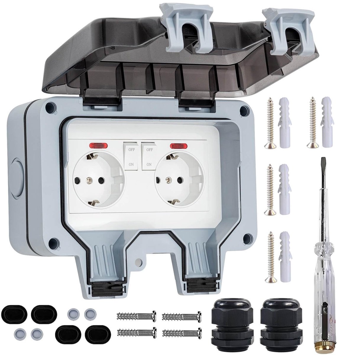Thijox - Buitenstopcontact Waterdicht IP66 - 2 Voudige Wandcontactdoos Buiten met Schakelaar en Afdek - Dubbel Stopcontact voor Tuin, Camping, 16A, Ge