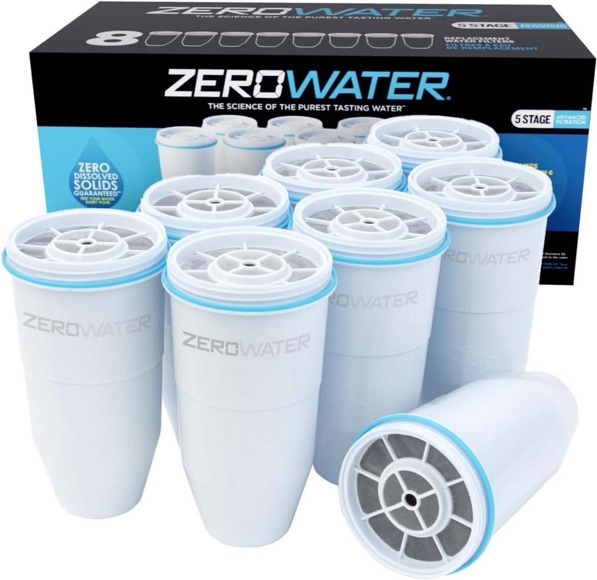 Thijox - Zerowater Waterfilter Vervanging 8-pack, NSF-gecertificeerd, Vermindert Lood, Zware Metalen en PFOA/PFOS, 5-traps Filtratie, Wit voor Thuisge