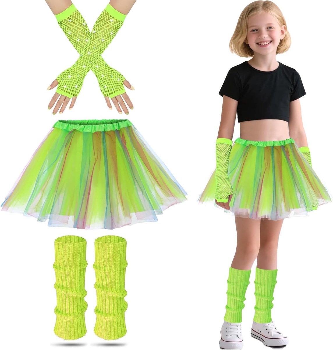 80s Thema Kostuum voor Meisjes met Neon Leggings, Handschoenen en Tutu Jurk voor Feestjes en Verkleedpartijen