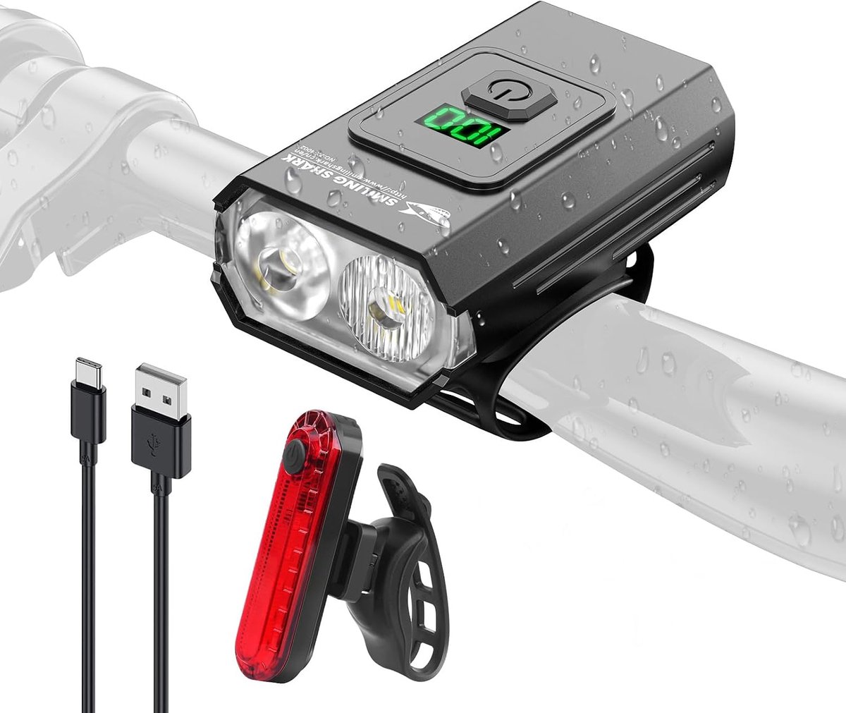 SnelShoppen - Smiling Shark Led-fietsverlichting Set - Oplaadbaar voor en Achter, Waterdicht IPX6, Krachtig Veiligheidslicht voor Mountainbike en Vrij