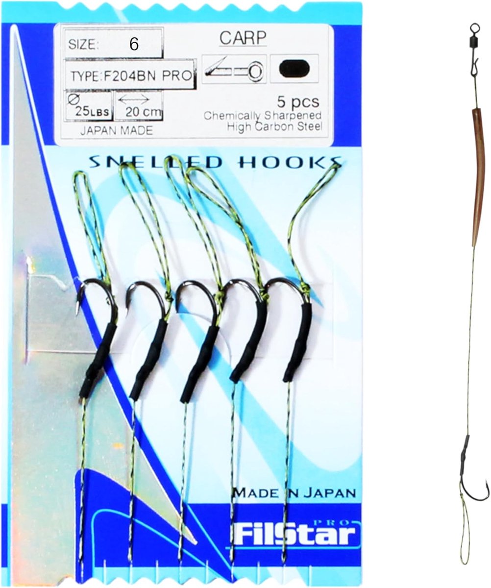 Thijox - Hengelhaken Set van 5 Stuks N6 met Voorvak, 20 cm, Anti-Klitmouwen en Wervels, Gevlochten Koord voor Vissen, Karperaccessoires, Vishaak, Boil