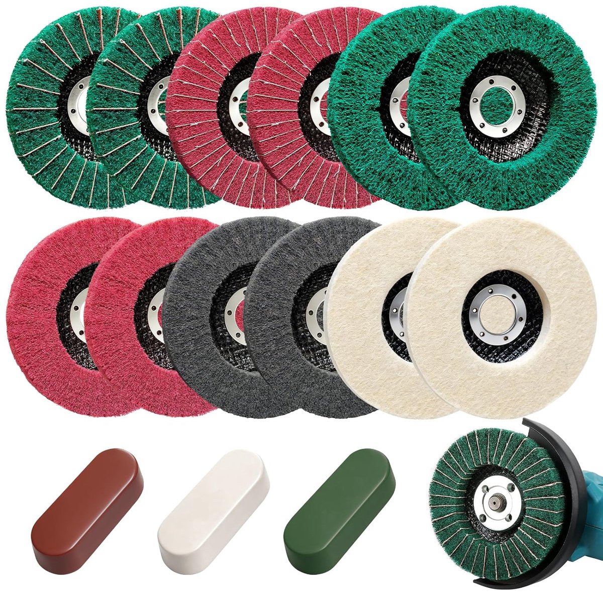 Thijox - 15 Stuks 115mm Slijpschijf & Polijstschijf Set - Nylonvezel Kettingschijven, Wollen Polijstschijven & Polijstpasta's voor Haakse Slijpers - S