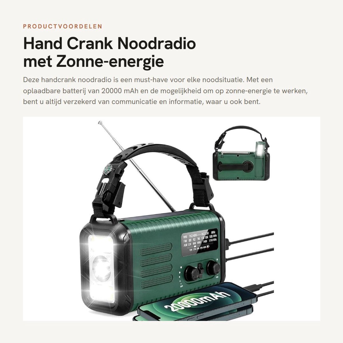 Dailygoods- NOAA Weer Radio - Opwindbaar/Solar - 20000 mAh Oplaadbare Batterij - Draagbare Radio - Zaklamp/SOS Alarm - AM/FM Ontvangst - Noodradio