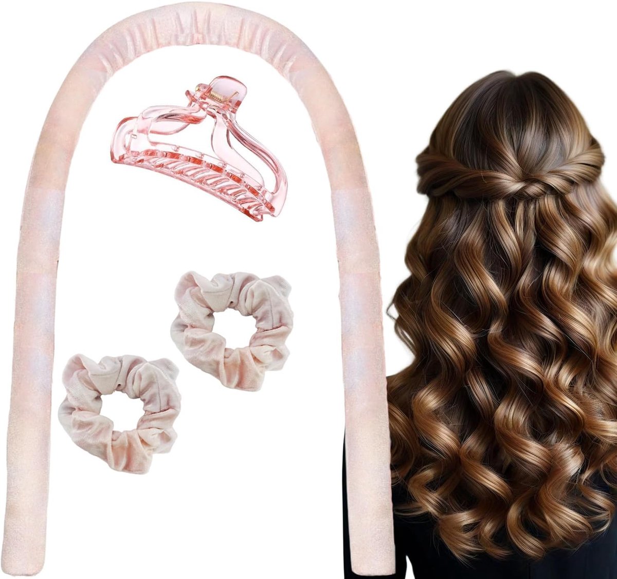 Thijox - Hitteloze Krulspelden voor 's Nachts, Hoofdband Krulrollers, Zijde Lint Haar Krullen Maken, Lichtroze, Voor Lang Haar, Ideaal voor Slapen en