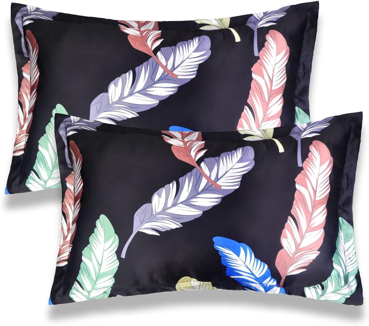 Thijox - Luxe 100% Satijnen Kussensloop Set van 2 - Queen (50 x 76 cm) - Zacht en Gezellig - Bladpatroon - Ideaal voor Haar en Huid - Zwart