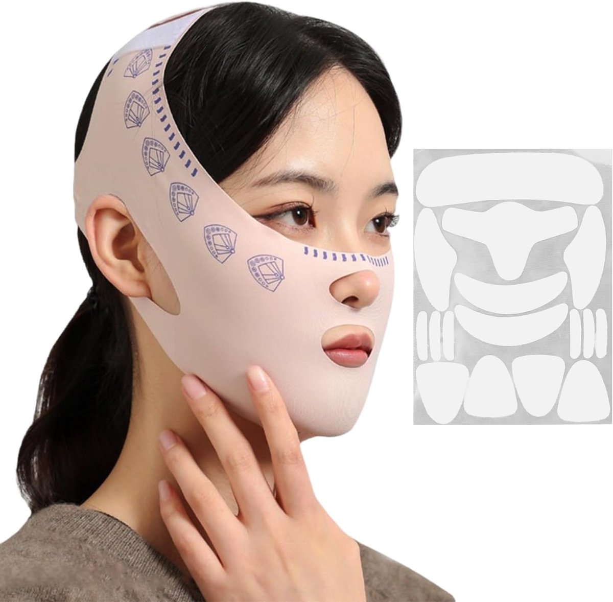 Thijox - Gezichtsmasker en Anti-Rimpel Gezichtspleister Set - Ademend Elastisch Slaapmasker van Polyester - Inclusief Silicone Anti-Rimpel Platen - Ro