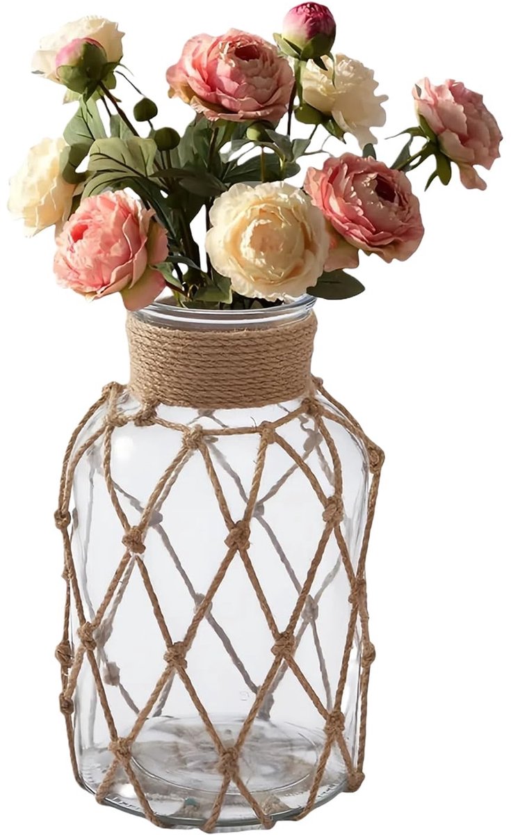 Dailygoods- Glazen Vaas Groot - Vintage Apotheker Pot - Handgewikkeld Henneptouw - Gewogen Basis - Kristalhelder Glas - Boerderij Elegantie - Bloemenvase