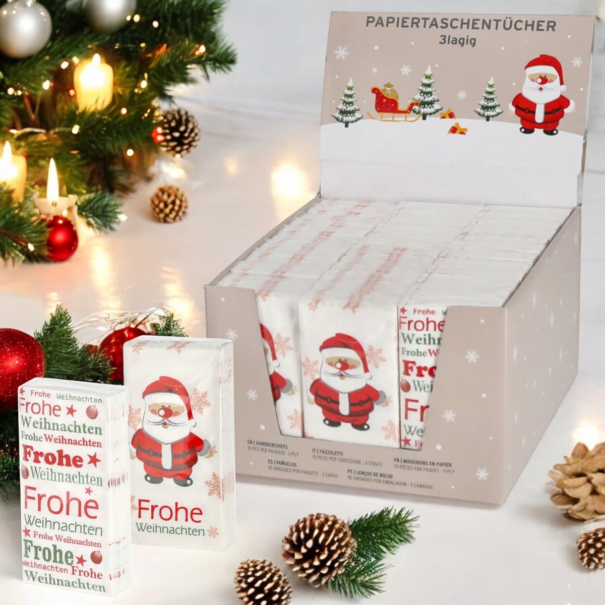 Dailygoods- Papierzakdoeken 3-laags - 36 Verpakkingen - Wit Bedrukt - Cadeau voor Kerstmis - Praktisch en Zacht - Compact Formaat - Zakdoeken