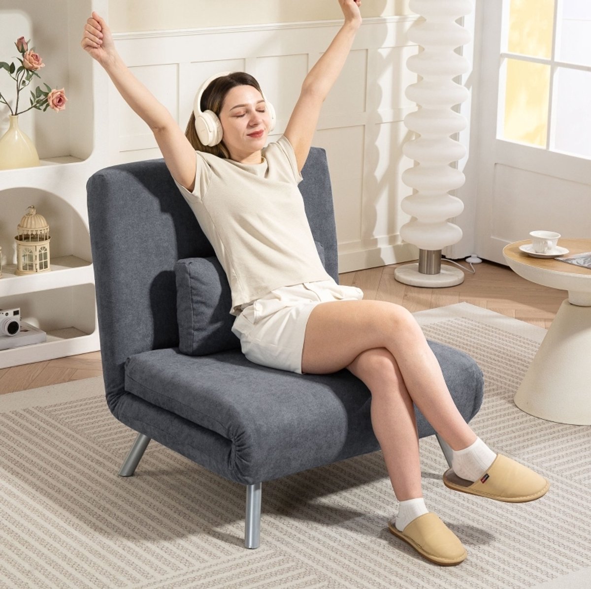MEUNIQ slaapfauteuil 80 x 75 x 83 cm, 2-in-1 fauteuilbed met klik-klakmechanisme, 5-voudig verstelbare rugleuning, stof en kussen, logeerbed donkergrijs