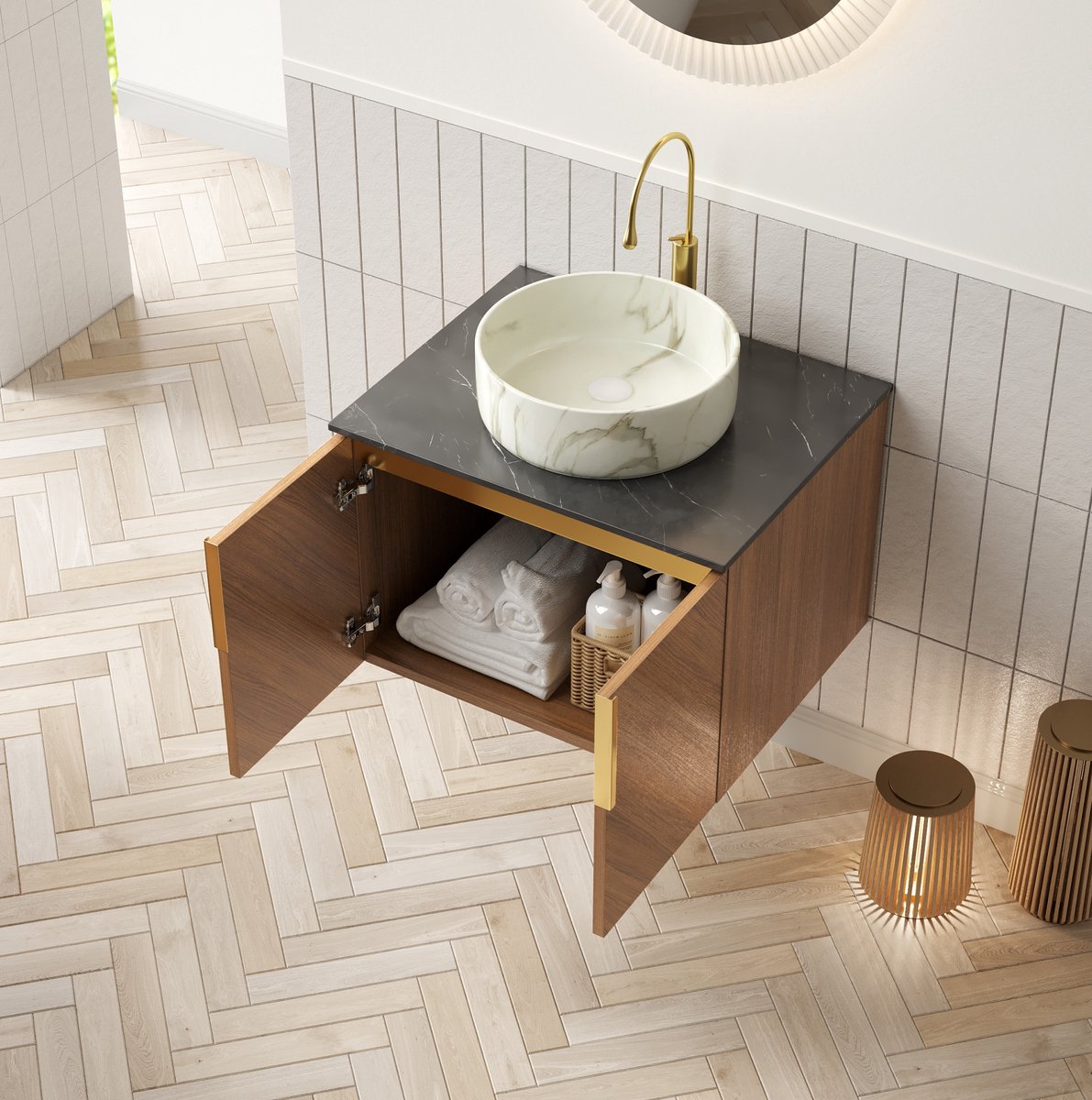 MIVRAY Badkamermeubel - Wandgemonteerde Wastafelkast Met Opbouwkom En 2 Deuren - Voor Badkamer - Keramiek En Sintersteen - 61 Cm - Bruin Eiken