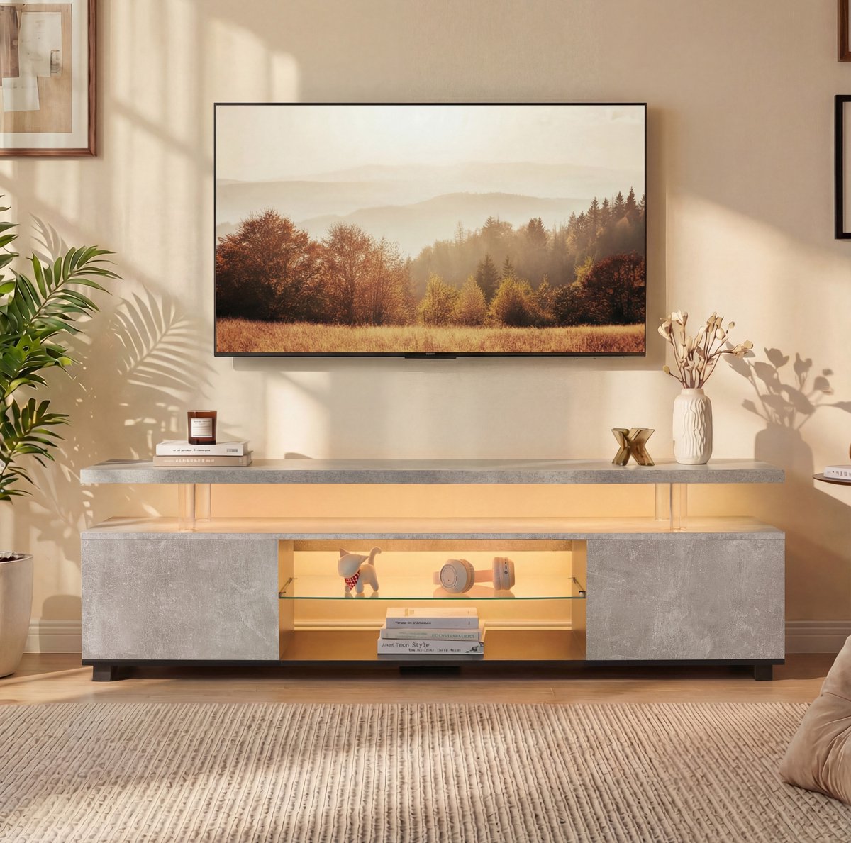 MEUNIQ TV-meubel 130 x 40 x 48 cm met LED-verlichting, open vak en 3 verborgen opbergruimtes, mediakast voor woonkamer of slaapkamer, grijs en zwart