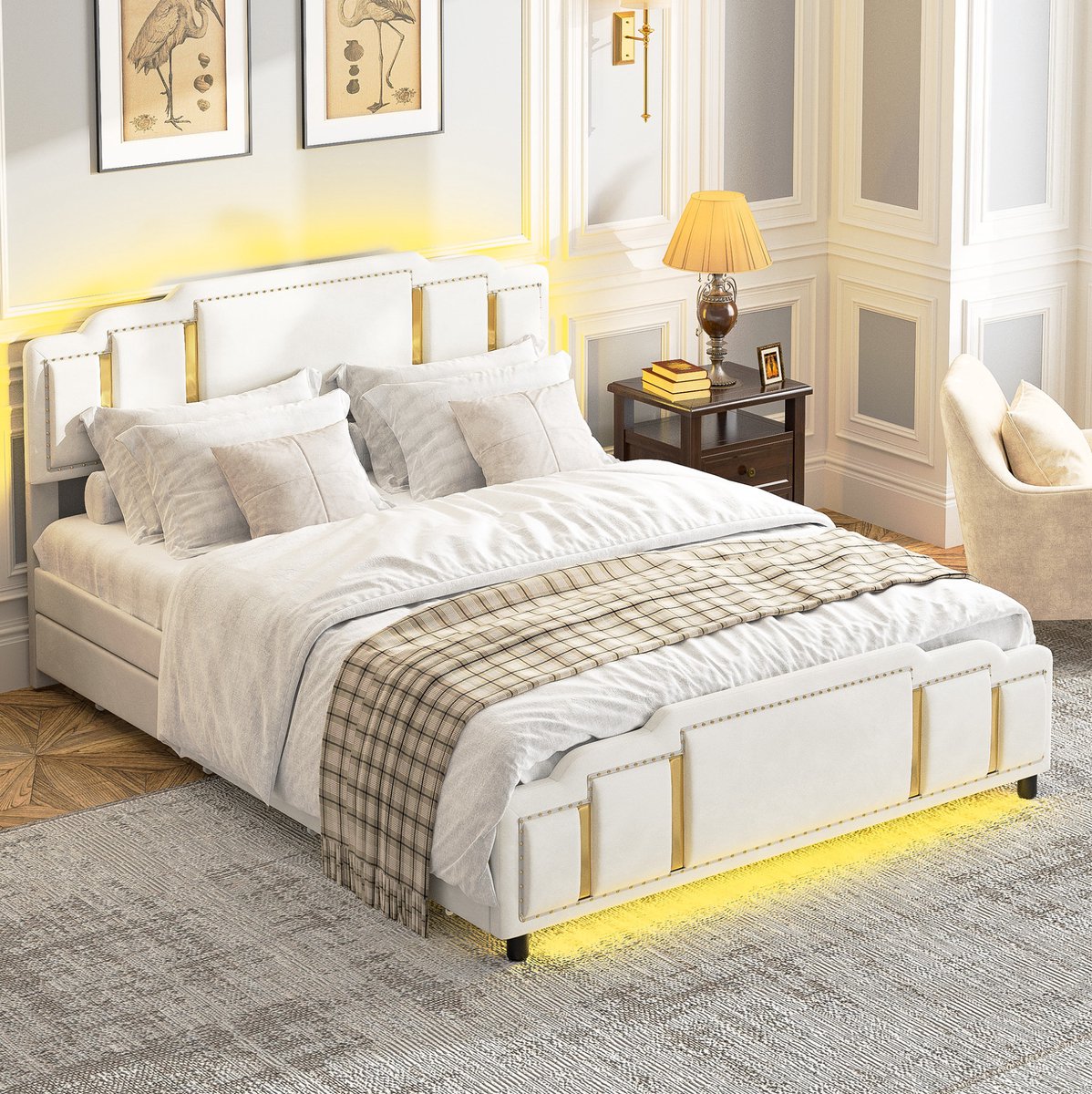 MEUNIQ gestoffeerd tweepersoons bed 140 x 200 cm met LED-verlichting, 4 opberglades, lattenbodem, verstelbaar hoofdbord en beige stoffering voor de slaapkamer