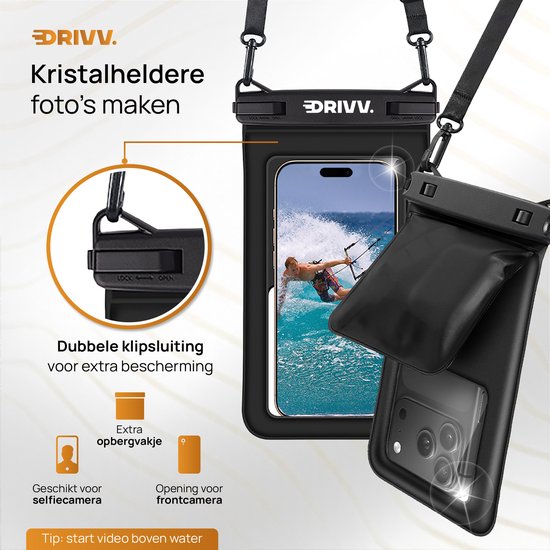 Zwarte DRIIV telefoonhoes met dubbele klipsluiting en transparant voorvak, ideaal voor foto's.