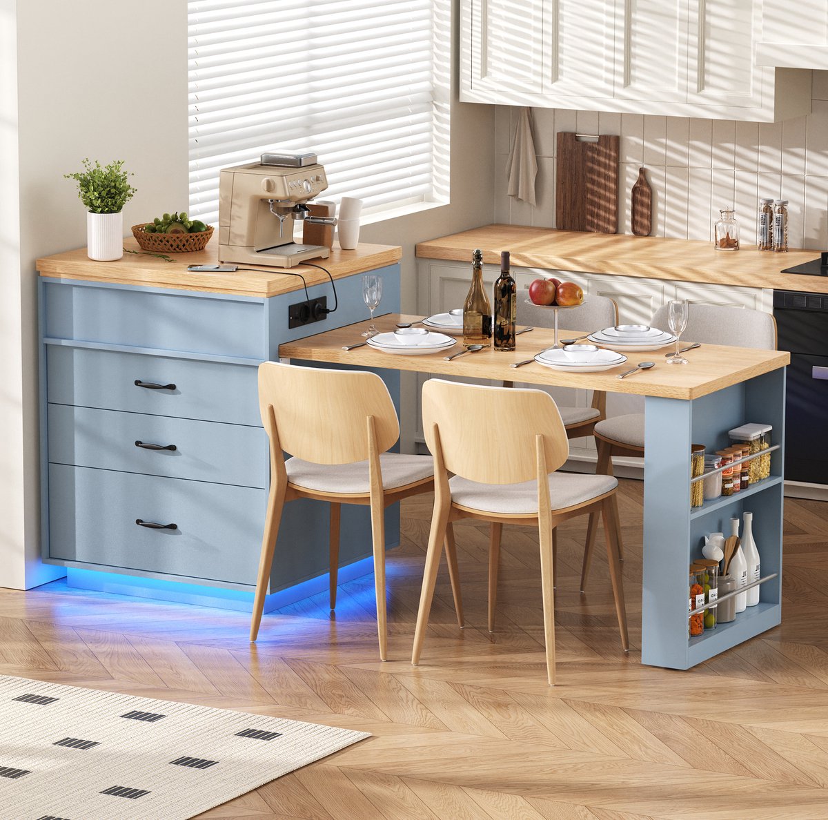 DESMIU Eettafel - Uitschuifbare Keukeneilandtafel Met LED En Oplaadpunt - Voor Keuken En Eetkamer - MDF En PB - 125,5-187,5x71x93 Cm - Blauw
