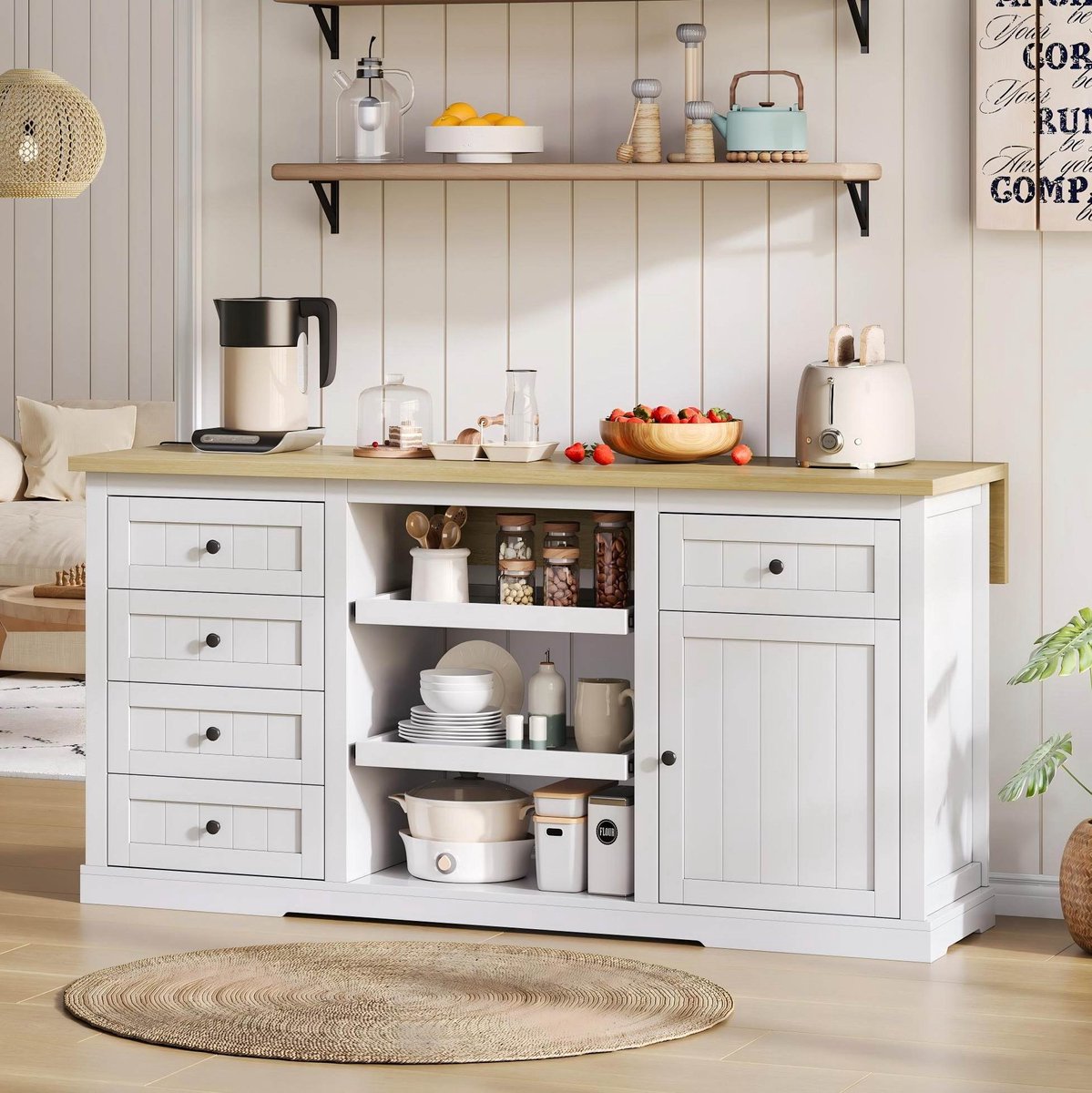 DESMIU Dressoir - Met 5 Laden En 2 Uittrekbare Planken - Met Opklapbaar Uitbreidblad Voor Keuken En Eetkamer - MDF - 150x65x75,5 Cm - Wit