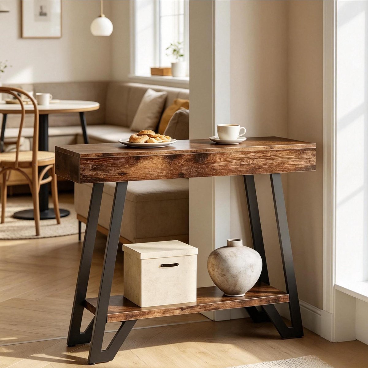 MIVRAY Sidetable - Tweelaags Opbergtafel In Vintage Industriële Stijl - Voor Hal En Woonkamer - MDF En Metaal - 103x30x80 cm - Zwart Bruin