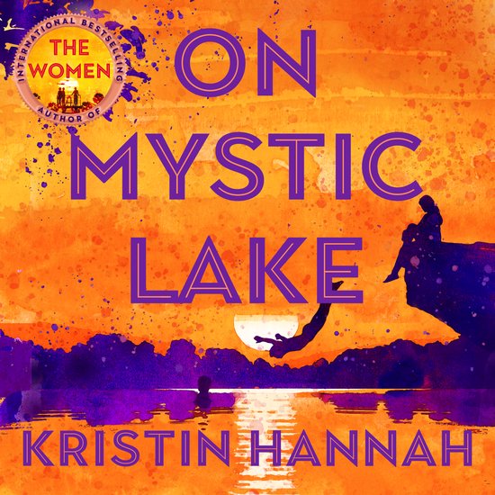 Couverture du livre 'On Mystic Lake'. Couleurs orange et violet, silhouette d'une personne sautant d'une falaise dans un lac.