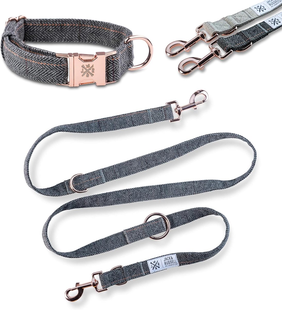 Thijox - Hondenriem 2,0m met Halsband - Elegant Meervoudig Verstelbaar - Donkergrijs Gemêleerd Tweed met Roségouden Karabijnhaak - Perfect voor Wandel