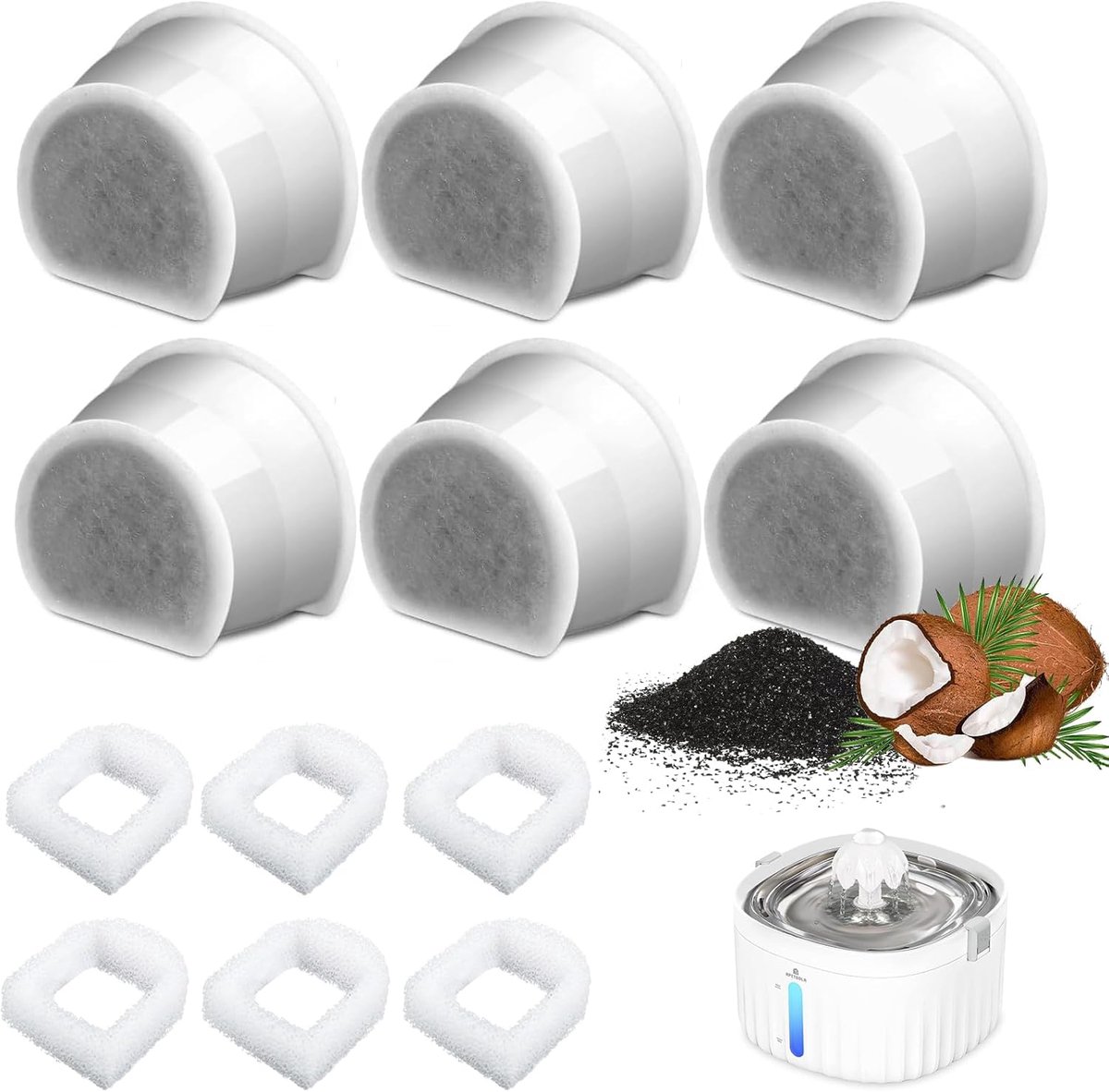 SnelShoppen - Set van 6 Actieve Koolstoffilters voor Dierenfontein, Vervangfilters voor Kattenfonteinen, Foam Pre-Filters voor Drinkwell en Keramische