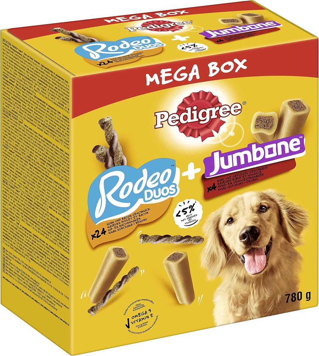 Thijox - Pedigree Megabox Rodeo & Jumbone Maxi 780g - Hondenvoer, Snacks, Omega 3, Vitaminen, Mineralen, Calcium, Zonder Kunstmatige Aromastoffen