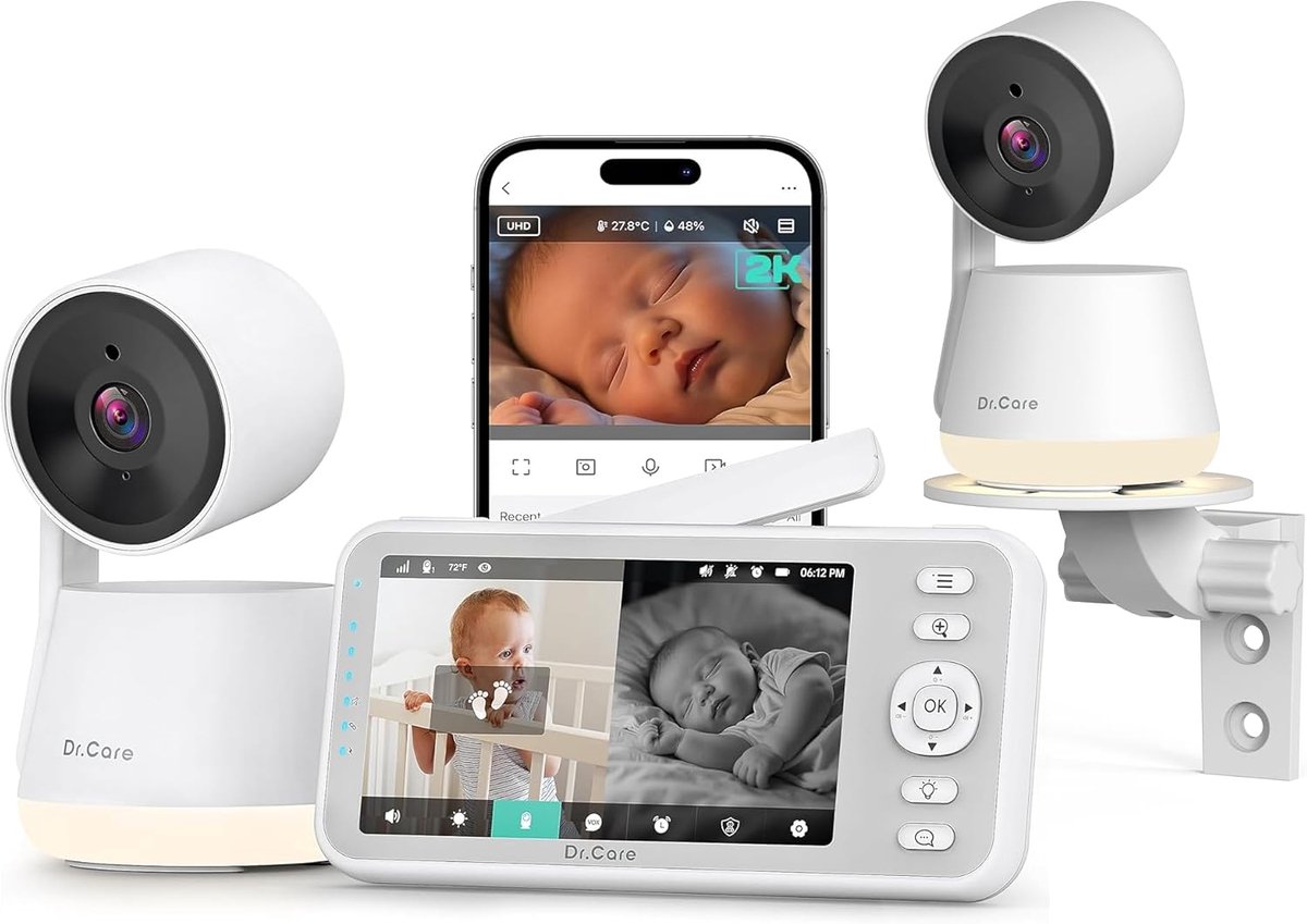 Thijox - LumiView Babyfoon Wifi met 2 Camera's, 5 Inch, 2K FHD Beeld, App Bediening, 5000 mAh Batterij, Schreeuw- en Bewegingswaarschuwingen, HD Nacht