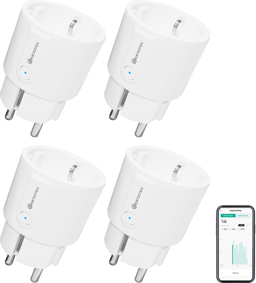 Thijox - Mini Slimme Stekker met Stroommeting, WiFi Smart Plug voor Alexa en Google Assistant, Timer Functie, App Afstandsbediening, 4 Stuks, Compact