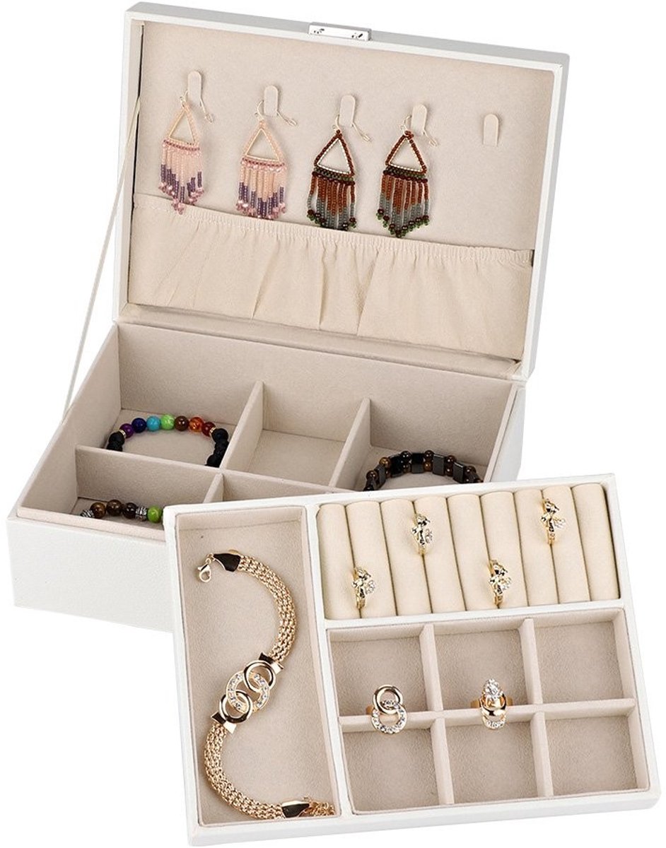 Dailygoods - Sieradendoos - Sieradenorganizer - Stevig en stijlvol - Wit - Opbergdoos voor sieraden - Perfect voor dames - 2 compartimenten