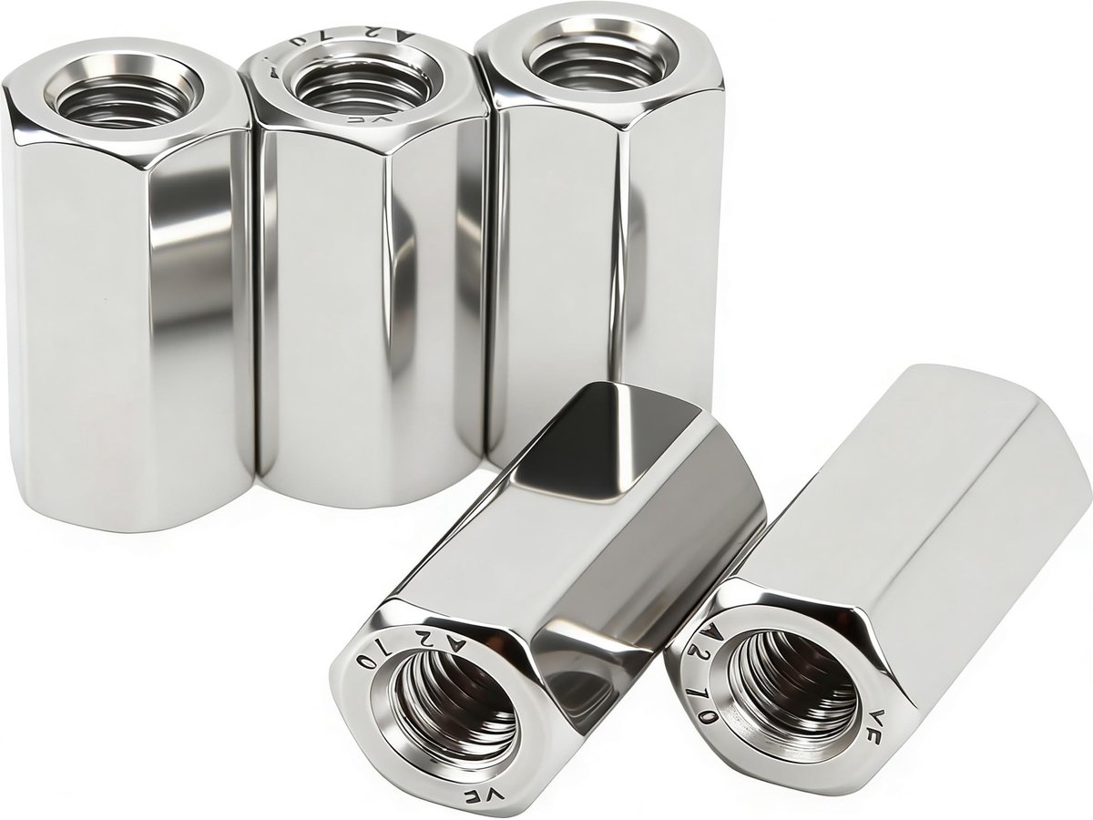 Dailygoods- Langmoeren M10 x 1,5 - 5 Stuks - Zeskantige Wartelmoeren - Roestvrij Staal 304 - Binnendraad - Lengte 35 mm - Verbindingsmoeren - Moeren