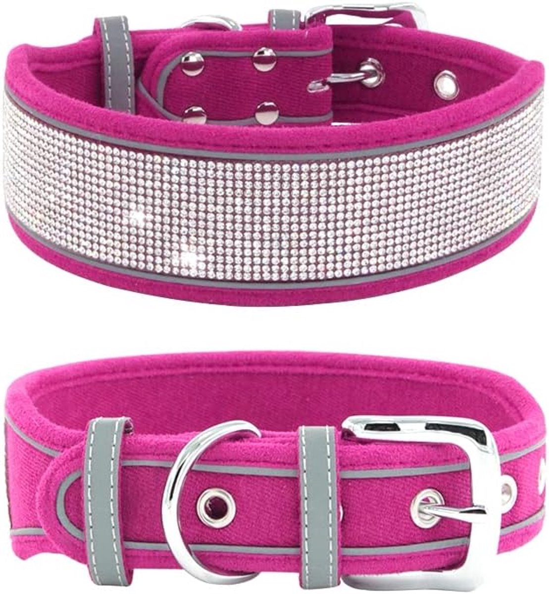Thijox - Strass Halsband voor Honden, Oogverblindend en Sprankelend, Zacht Suède, Reflecterende Grote Hondenhalsband met Kristal Diamanten, Felroze (S