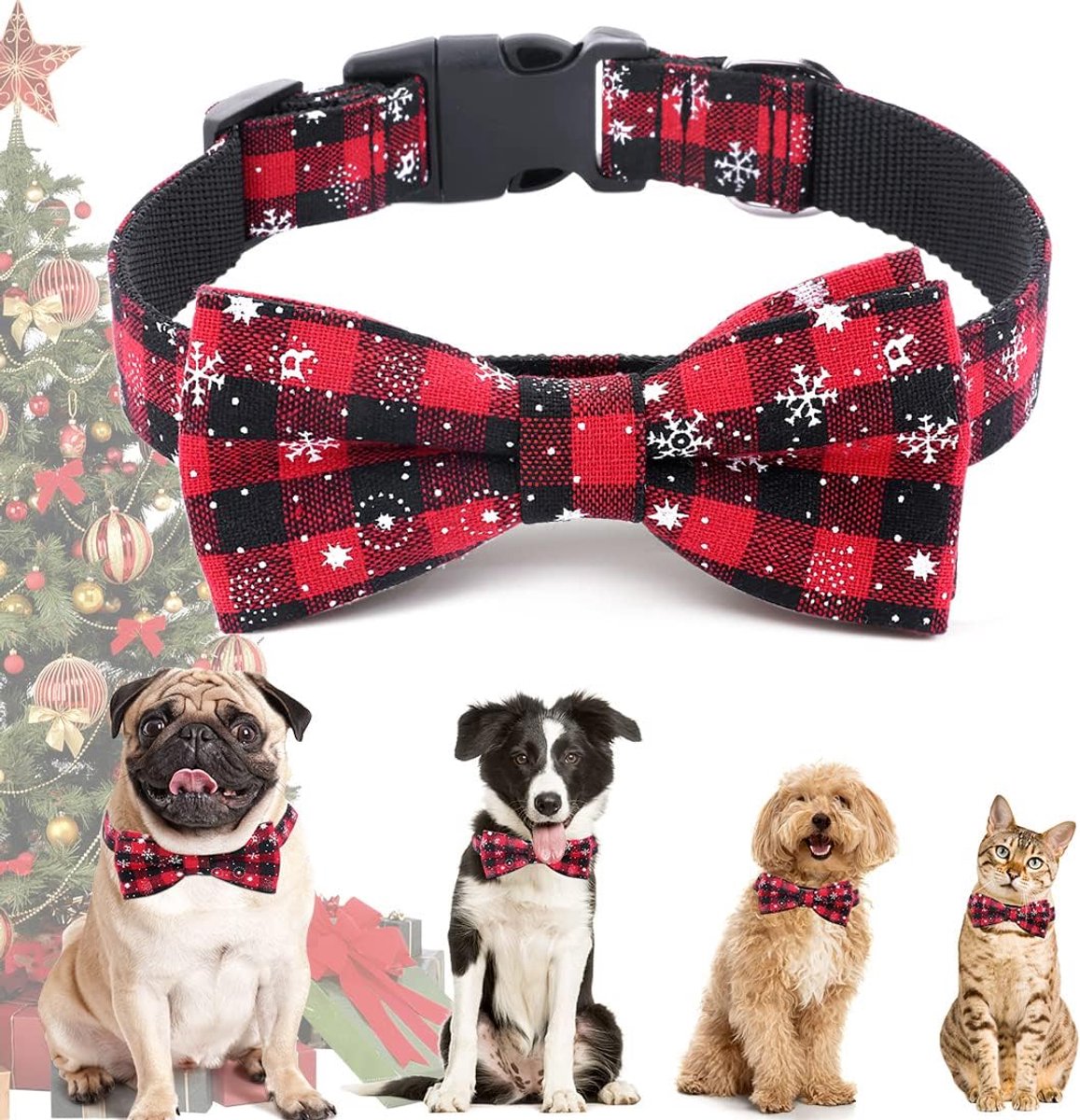 Kerst honden- en kattenhalsband, halsbanden met strik, kerst geruite hondenhalsband, afneembare strik, rode - ShopVlot