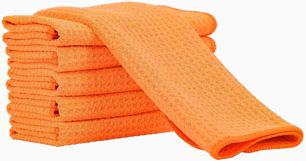 Thijox - Set van 3 Superabsorberende Sneldrogende Microvezel Theedoeken Wafelstof Neon Oranje 30 x 30 cm - Ideaal voor Keuken, Vaatdoeken, Droog- en R