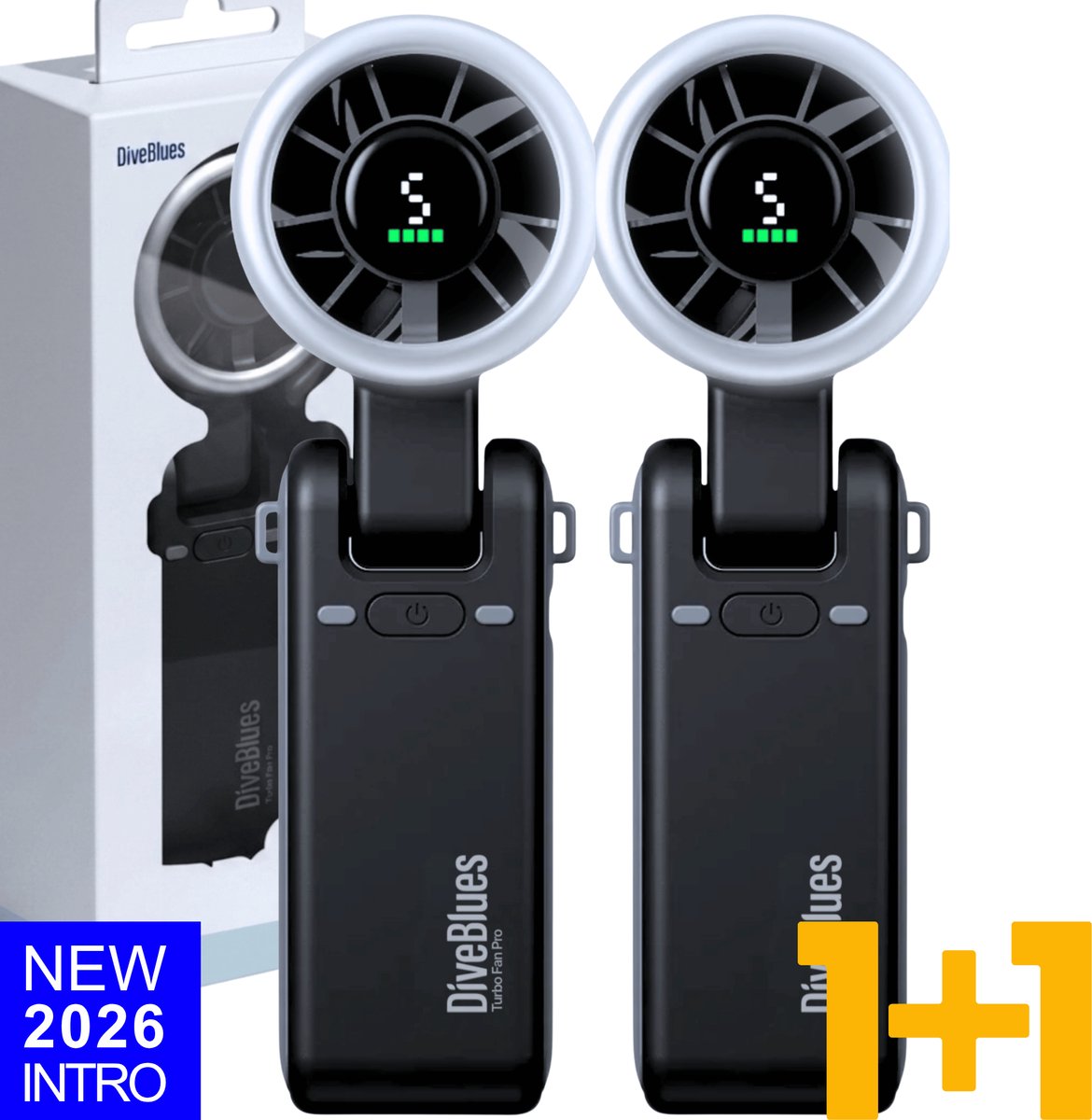 Diveblues® CYCLONE Handventilator Oplaadbaar | DUO SET | USB-C oplaadbaar | Intro 2026 | Waaier | Mini Ventilator | 2 handventilatoren (2x zwart)