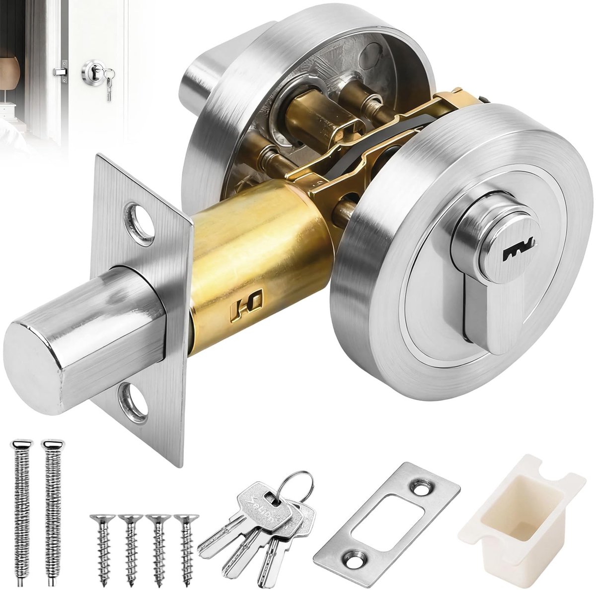 Dailygoods - Deadbolt deurslot met sleutel, modern rond intern deurbeveiligingsslot, 35-50 mm zinklegering enkele cilinder dode bouten onzichtbare poortsloten voor slaapkamer, appartement, ingang, doorgang (zilver