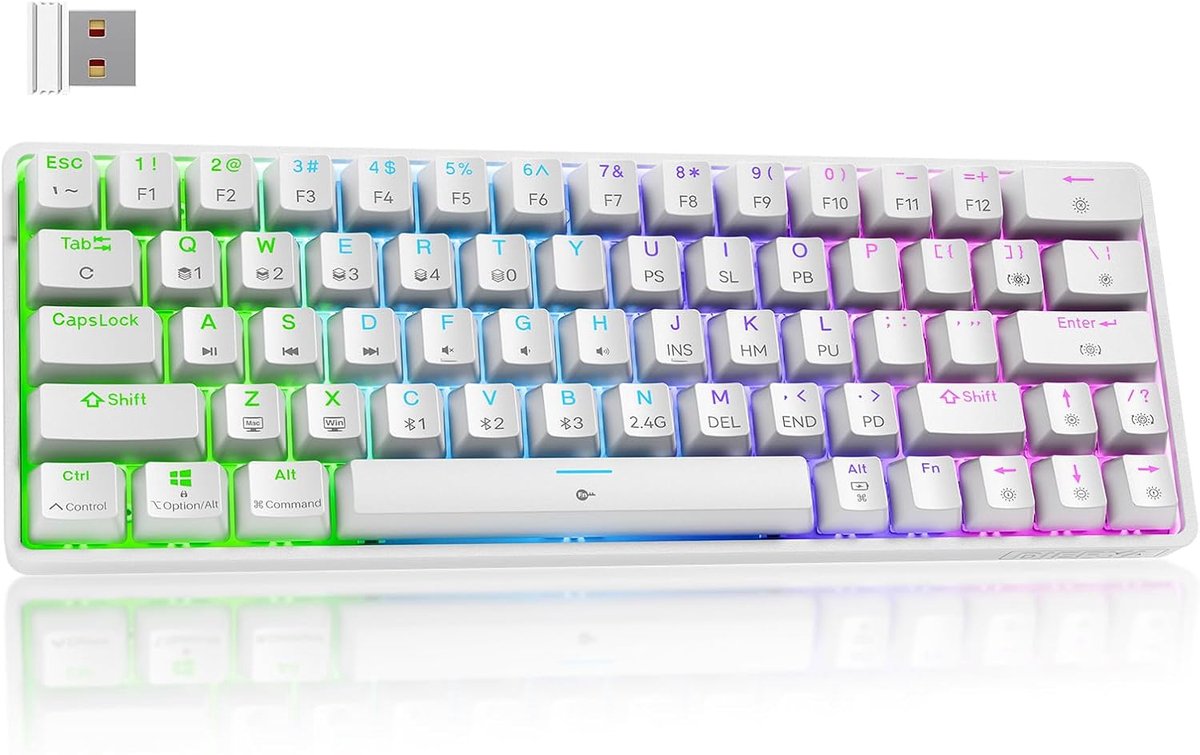 Thijox - Draadloos Gaming Toetsenbord 60% - Mechanisch Keyboard met Bluetooth en 2,4G - Compact 63 Toetsen met Linear Red Switches - Wit - Voor PC en