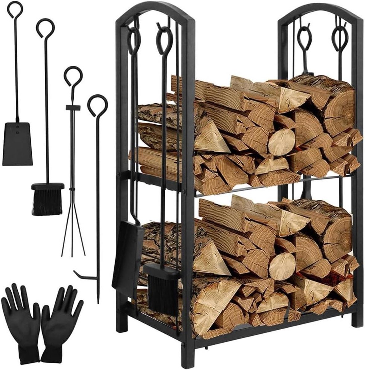 Brandhoutrek Set - Haardhout Opslag - Haard Onderhoud - Roestbestendig Metaal - 46 x 31 x 74 cm - Zwart