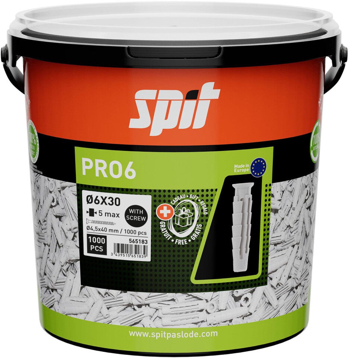SPIT PRO6 UNIVERSELE PLUG 6X30 + SCHROEF- 1.000 STUKS IN ECO EMMER