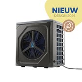 Donkere warmtepomp met blauwe ventilator en de tekst 'NIEUW DESIGN 2026'.