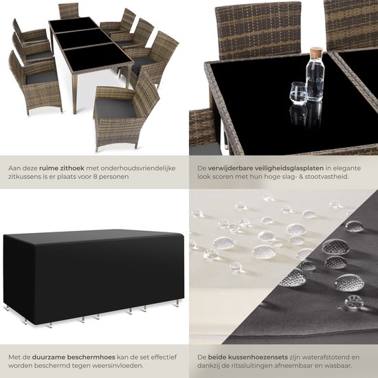 8-persoons wicker tuinset met glazen tafel, beschermhoes en waterafstotende kussenhoezen.