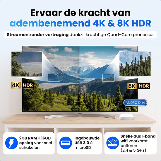 Ervaar 4K & 8K HDR op de Siltcon Android TV Box met 2GB RAM, 16GB opslag en snelle dual-band wifi.