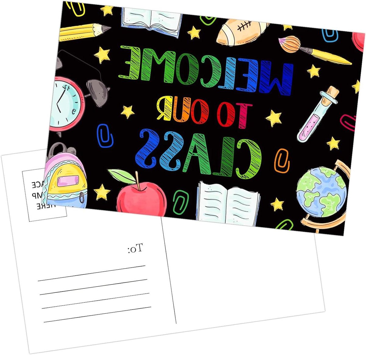 Ansichtkaarten Set - Welkomstkaarten Klas - Terug naar school - Krijtbord thema - 36 stuks - Zwart
