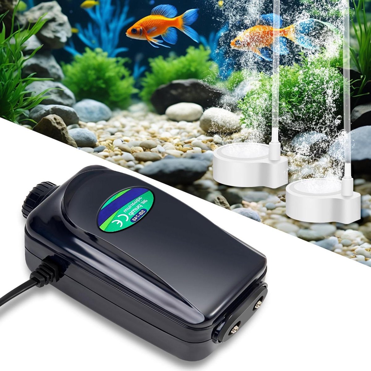 Aquarium Luchtpomp - Zuurstof Beluchter - Aquarium Onderhoud - Dubbele Uitlaat Stil - 415 L/uur - Zwart