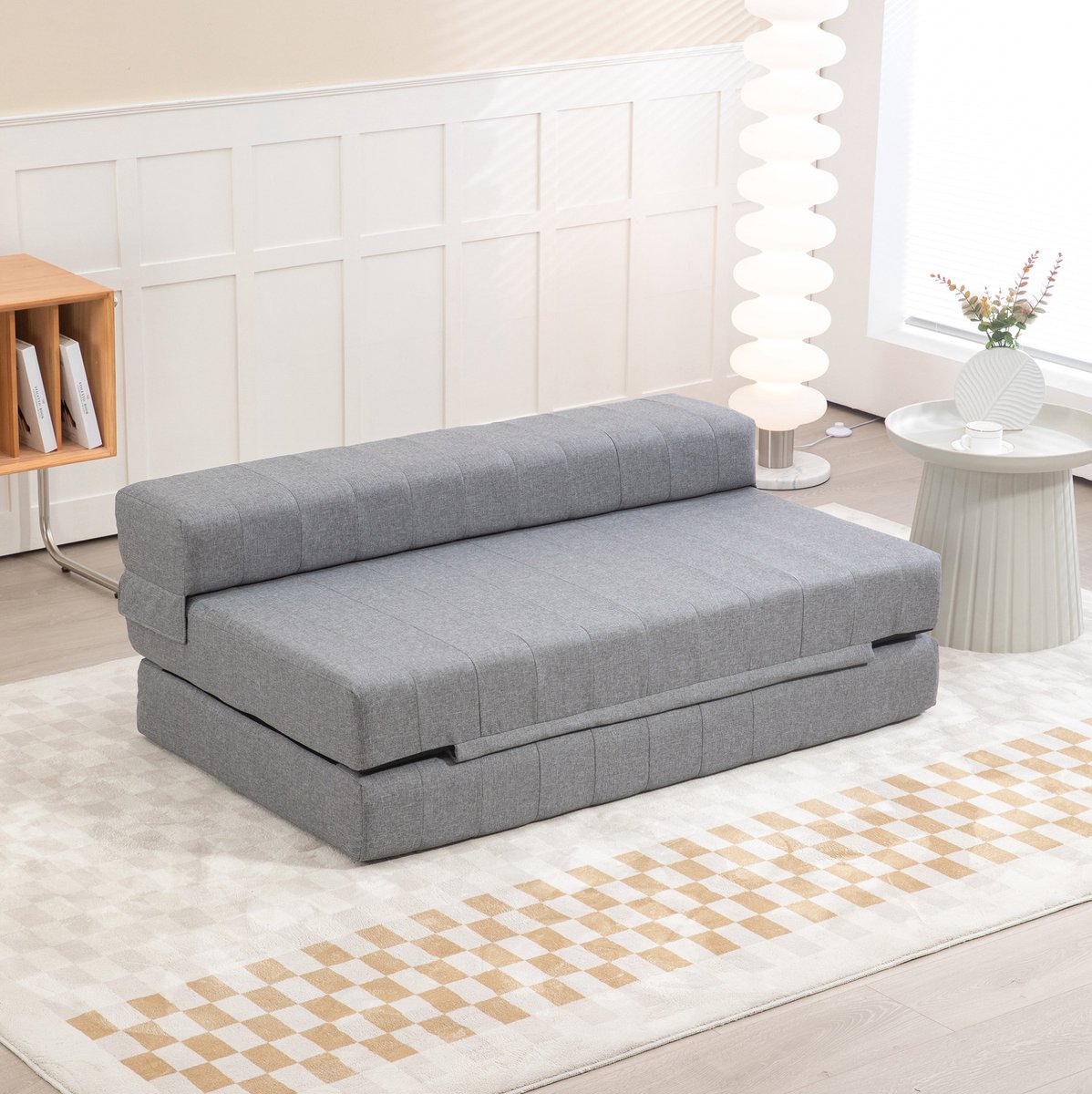 MEUNIQ slaapbank 2-zits 138 x 80 x 50 cm opvouwbaar bodensofa met slaapfunctie, afneembare hoes en polyester bekleding in grijs voor woonkamer of slaapkamer