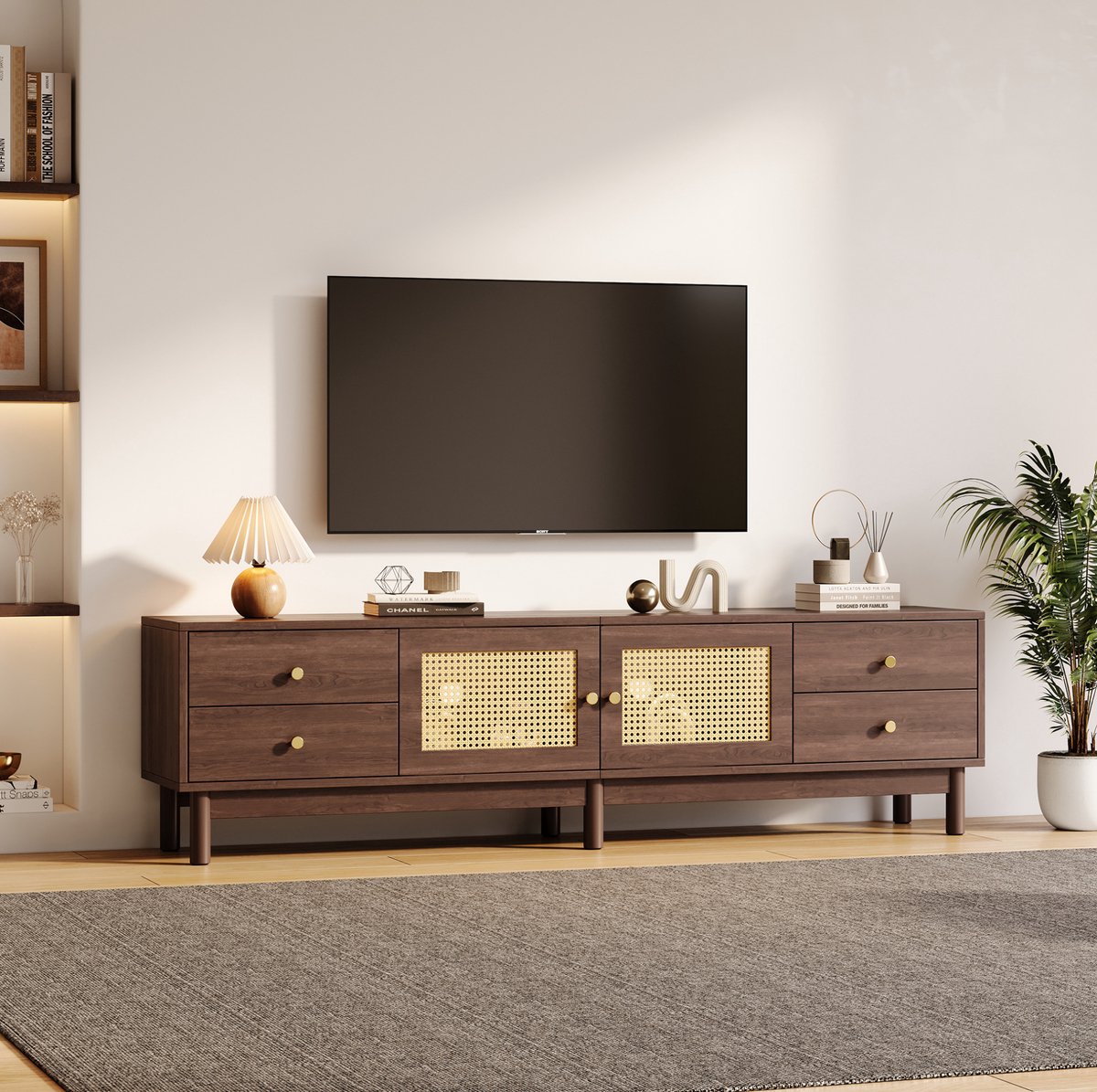 HAUSS SPOLE Dressoir - Tv Kast Met 4 Lades En 2 Rotan Deuren - Met Kabeldoorvoer Voor Woonkamer - Spaanplaat - 180x35x44 Cm - Bruin