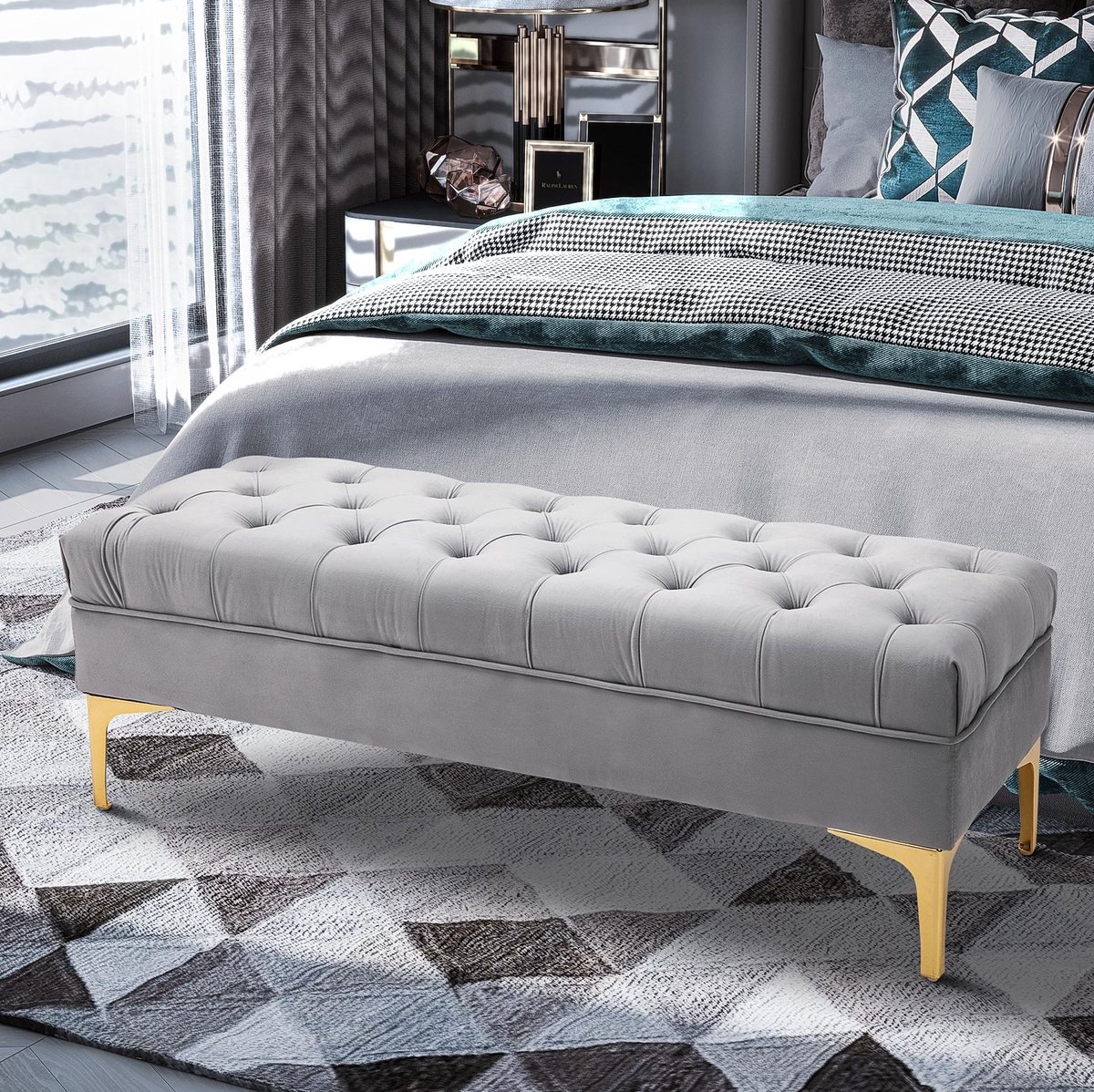 STILVORA Bedbank 118 Cm - Gecapitonneerde Zitbank Met Gouden Poten - Voor Slaapkamer En Hal - Hout En Fluweel - Lichtgrijs