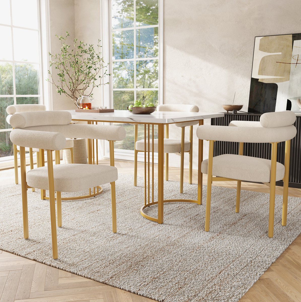 MIVRAY Eetkamerstoel - 70 x 62 x 85 cm - Set van 4 Met Armleuningen en Zachte Bekleding - Voor Eetkamer en Werkkamer - Metaal Beige en Goud