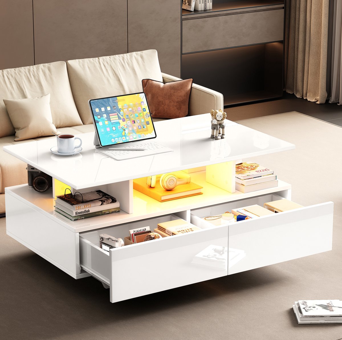 HAUSS SPOLE Salontafel - Hoogglans Met Ledverlichting En 2 Lades - Voor Woonkamer Of Leeshoek - Spaanplaat - 90x55x41 Cm - Wit